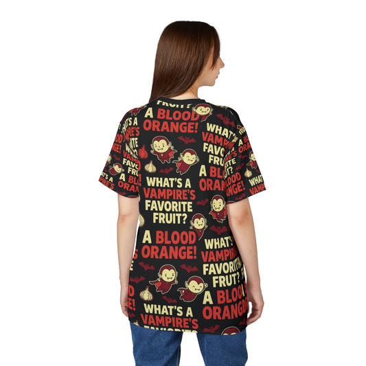 Vampire Joke Allover Tee — "A Blood Orange" Halloween Graphic Shirt