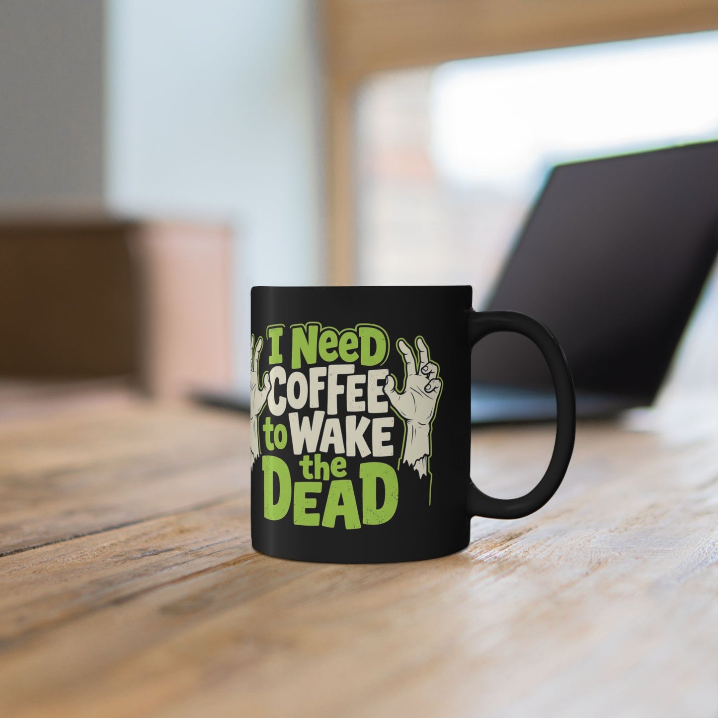 I Need Coffee to Wake the Dead Mug — Funny Zombie Halloween Coffee Cup (Black, 11oz/15oz)