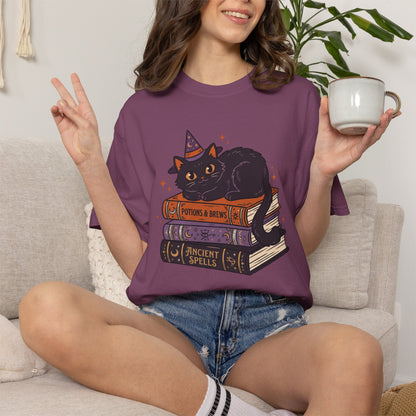Witchy Cat on Spellbooks T-Shirt – Cute Black Cat Witchy Graphic Tee