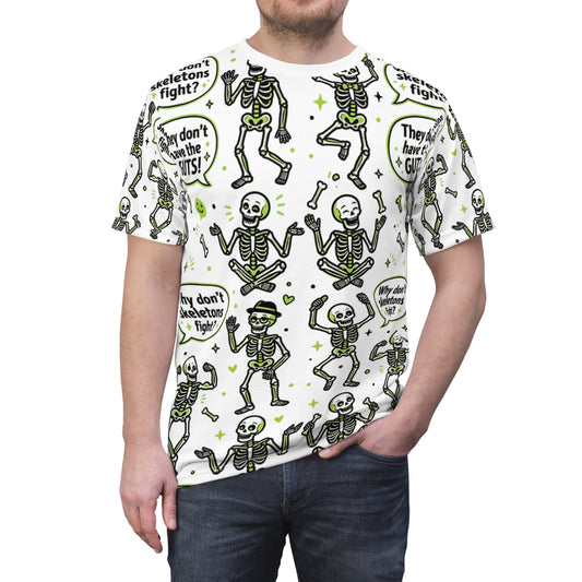 Skeletons Pattern Tee — Funny "Why don't skeletons fight? They don't have the GUTS!" All-Over Print Shirt