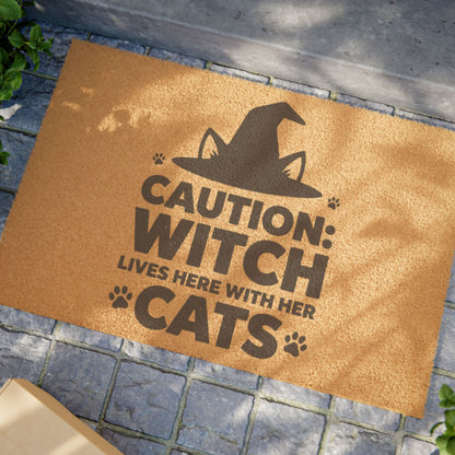 Doormat - "Caution: Witch Lives Here With Her Cats" Halloween Welcome Mat