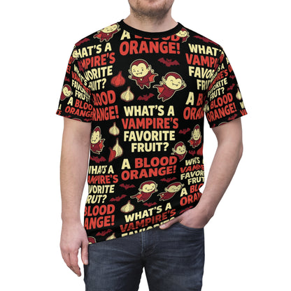 Vampire Joke Allover Tee — "A Blood Orange" Halloween Graphic Shirt