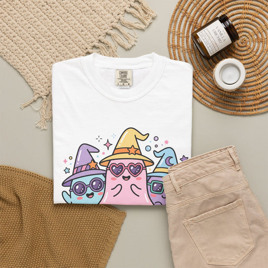Ghost Trio Wizard T-Shirt — Cute Pastel Halloween Tee with Witches' Hats