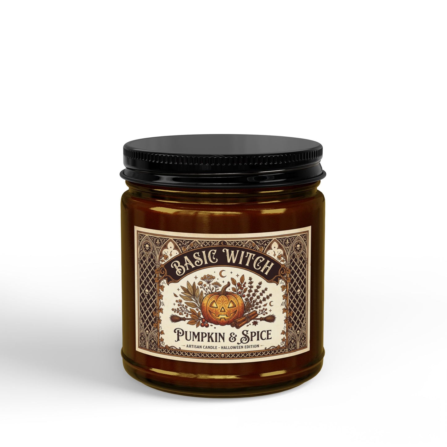 Pumpkin Spice Witch Label Candle Jar | Soy Candle with Black Lid