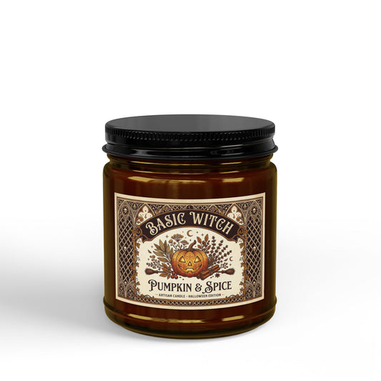 Pumpkin Spice Witch Label Candle Jar | Soy Candle with Black Lid