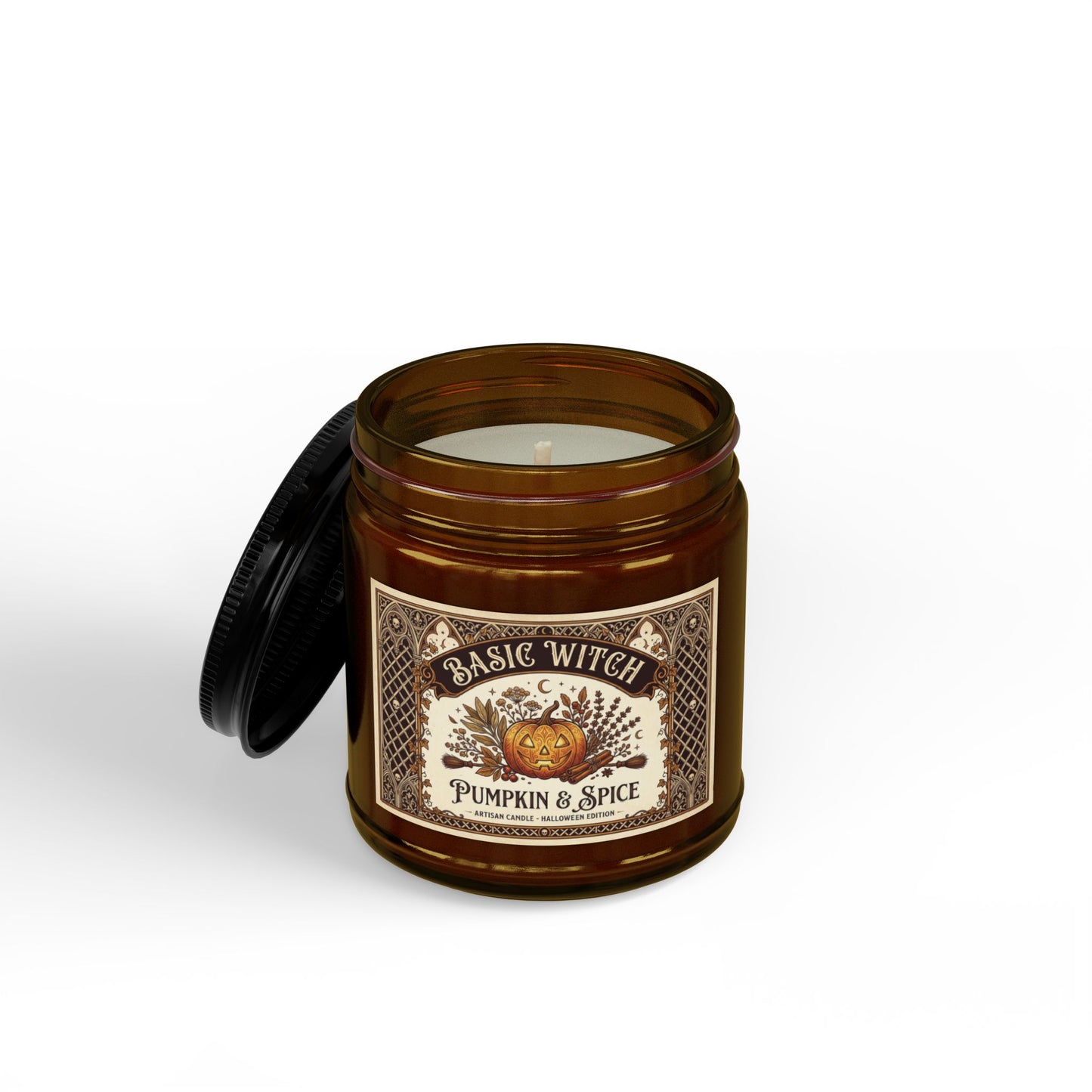 Pumpkin Spice Witch Label Candle Jar | Soy Candle with Black Lid