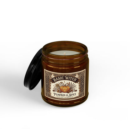 Pumpkin Spice Witch Label Candle Jar | Soy Candle with Black Lid