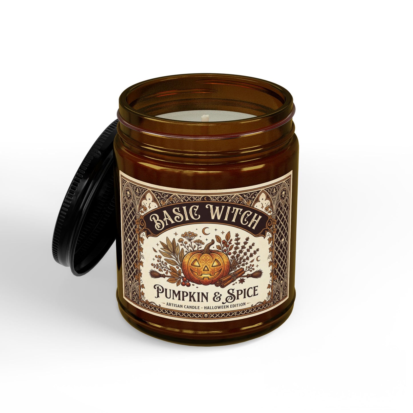 Pumpkin Spice Witch Label Candle Jar | Soy Candle with Black Lid