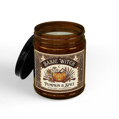 Pumpkin Spice Witch Label Candle Jar | Soy Candle with Black Lid