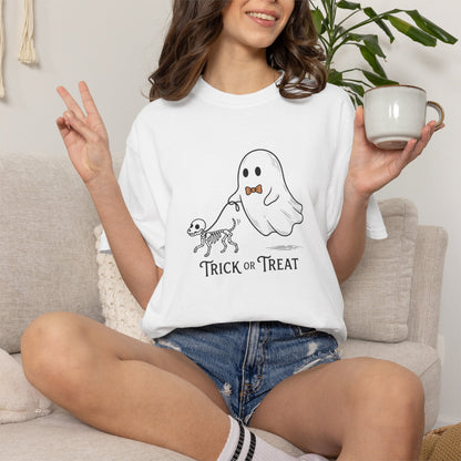 Ghost Walking a Skeleton Dog T-shirt | Trick or Treat Halloween Tee