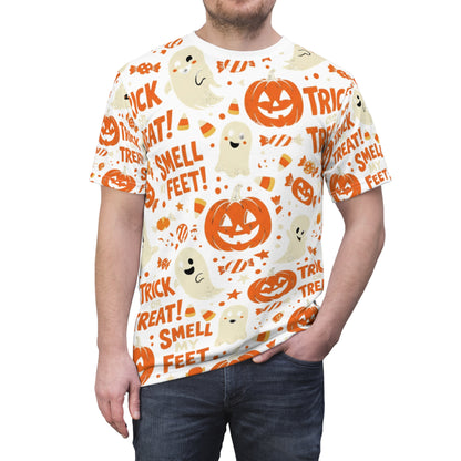 Halloween Ghost Tee — "Trick or Treat! Smell My Feet" All-Over Print