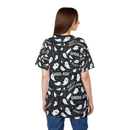 Ghost Pattern Tee — "Ghoul-ash! What's Ghosts' Favorite Food?" All-Over Print