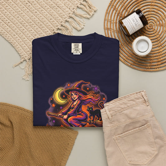Witching Hour witch on broom T-Shirt | Halloween moon magic