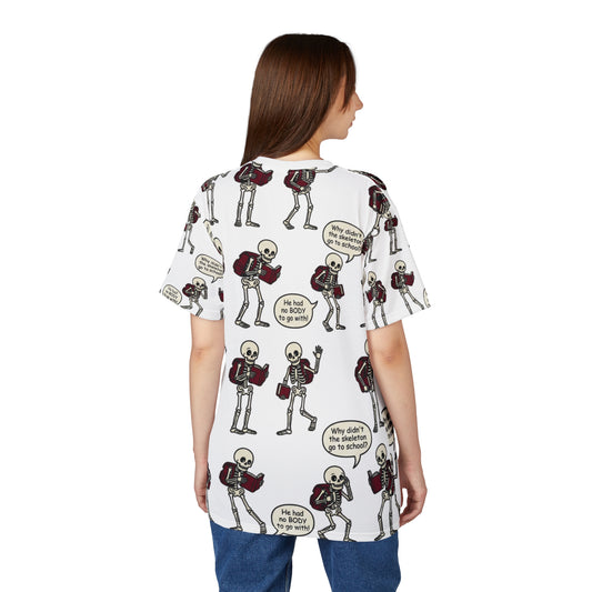 Skeleton Comic All-Over Print Tee — "He had no BODY to go with"