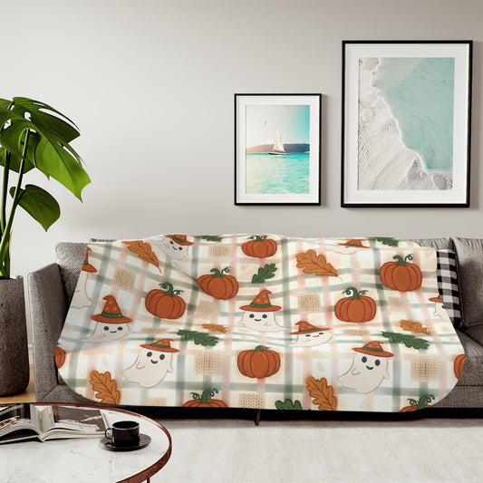 Cute Ghosts and Pumpkins Sherpa Blanket | Halloween Plaid Fall Cozy Throw