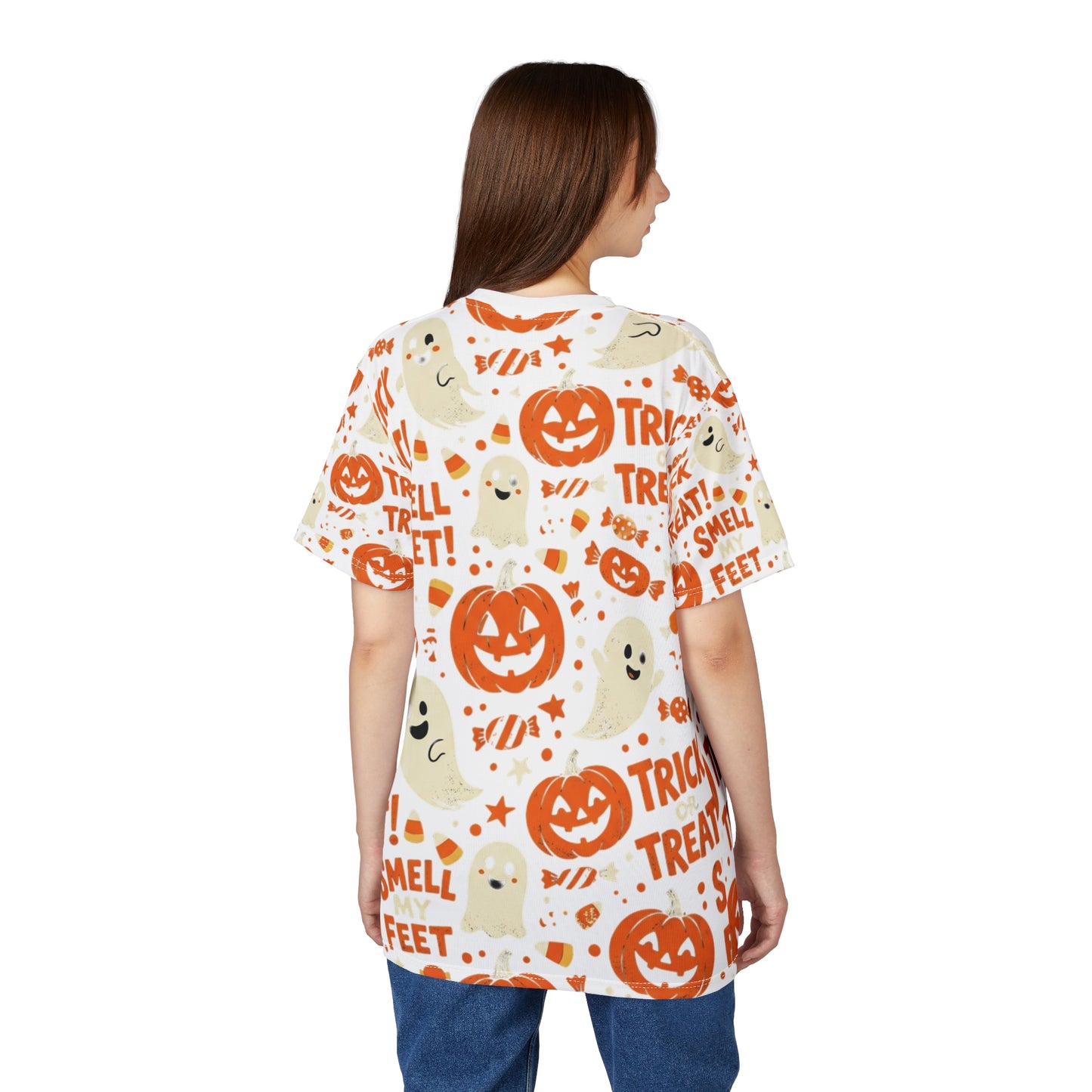 Halloween Ghost Tee — "Trick or Treat! Smell My Feet" All-Over Print