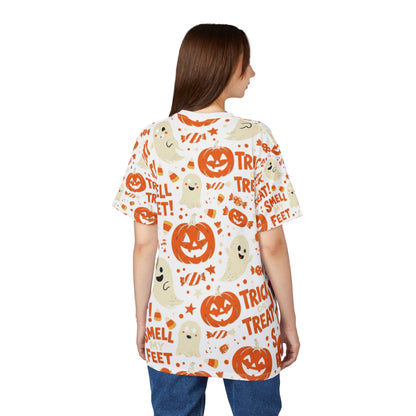 Halloween Ghost Tee — "Trick or Treat! Smell My Feet" All-Over Print
