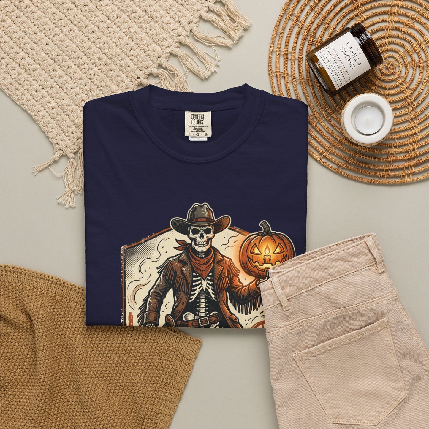 Skeleton Cowboy Halloween T-Shirt — Spooky 'Spooky Frontier' Pumpkin Design