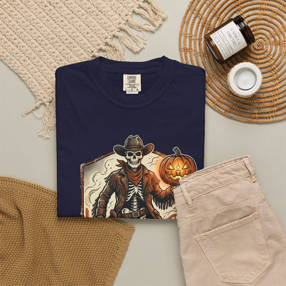 Skeleton Cowboy Halloween T-Shirt — Spooky 'Spooky Frontier' Pumpkin Design