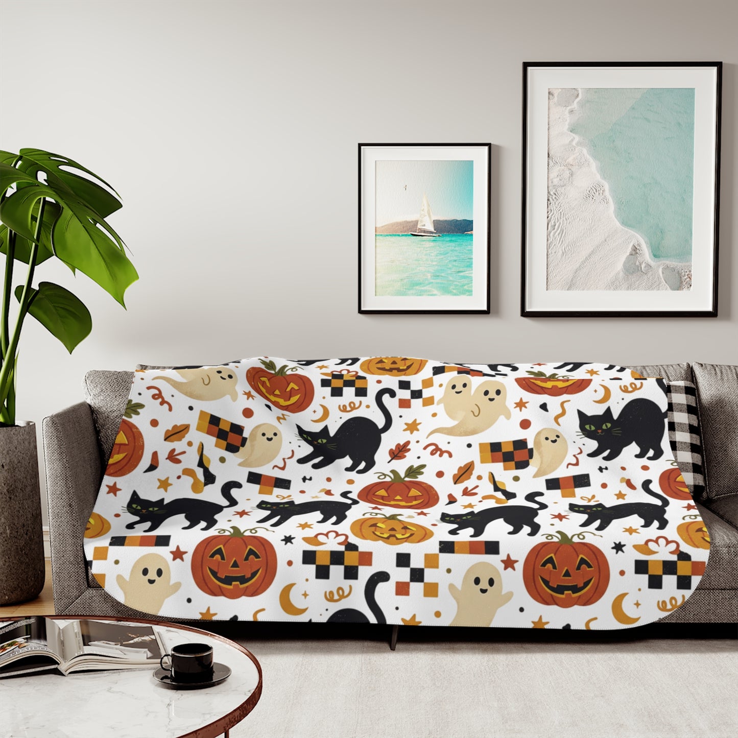 Halloween Cats and Pumpkins Sherpa Blanket | Ghosts, Jack-o'-Lanterns, Black Cats