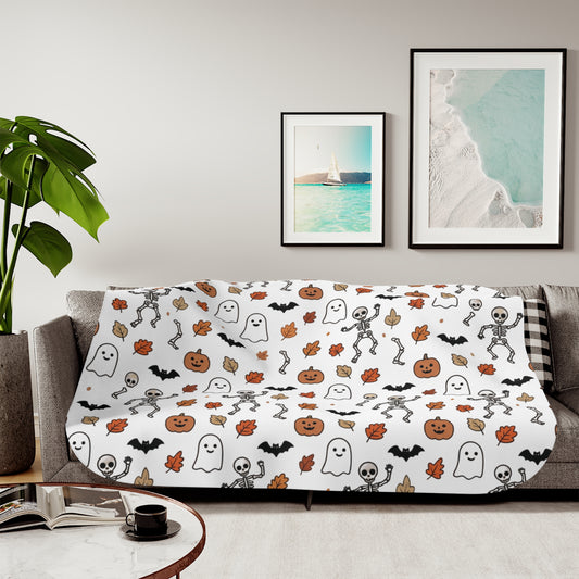 Halloween Ghosts Skeletons Pumpkins Sherpa Blanket | Cute Spooky Fall Throw