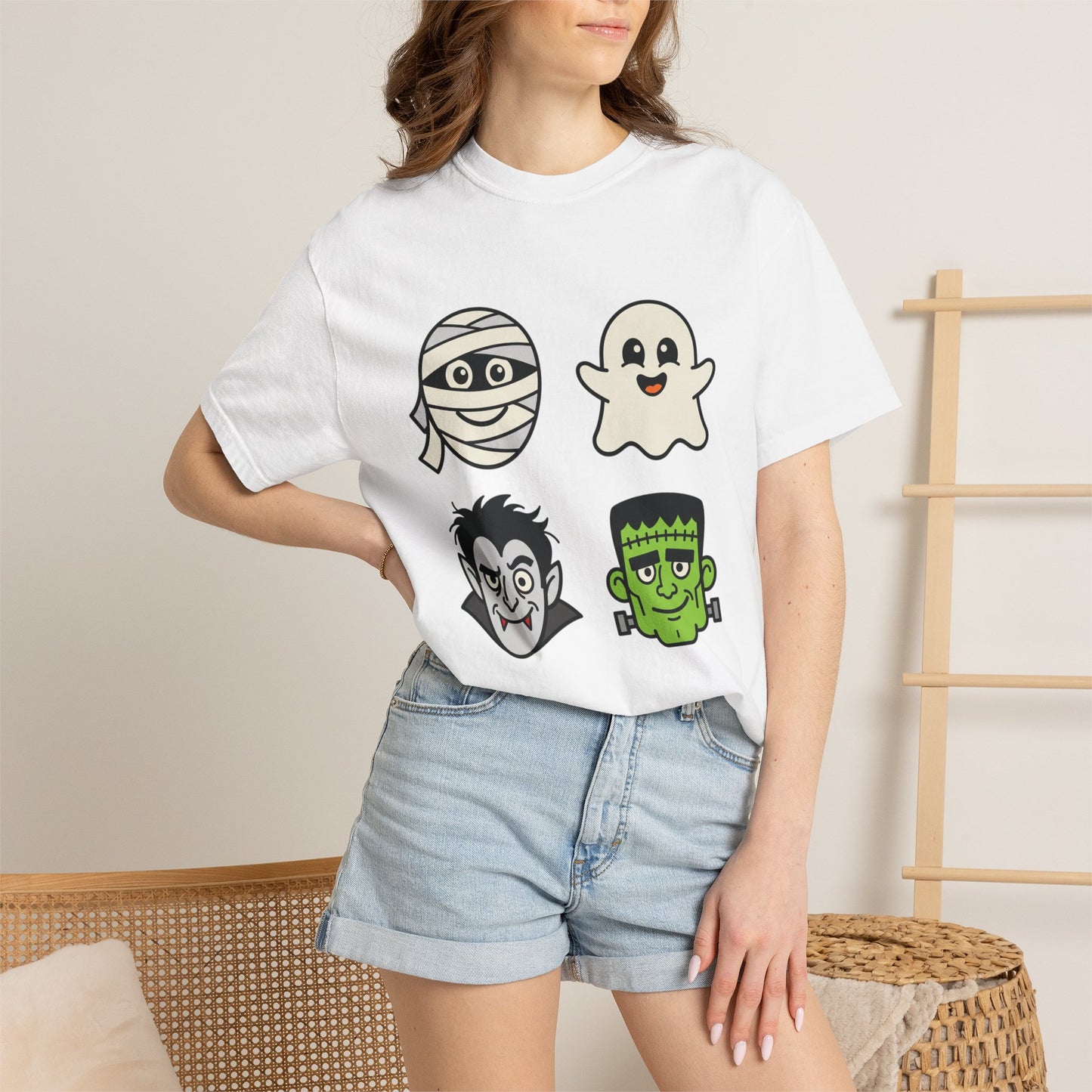 Halloween Monster Face T-Shirt — Cute Mummy, Ghost, Vampire & Frankenstein Tee