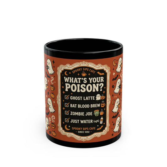 What's Your Poison? Halloween Ghosts Mug | Black Ceramic Coffee Cup