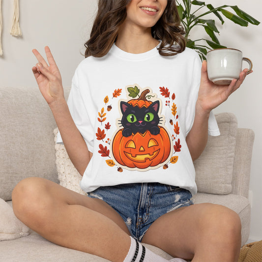 Black Cat in Jack-O'-Lantern Pumpkin T-shirt | Halloween Cat Shirt