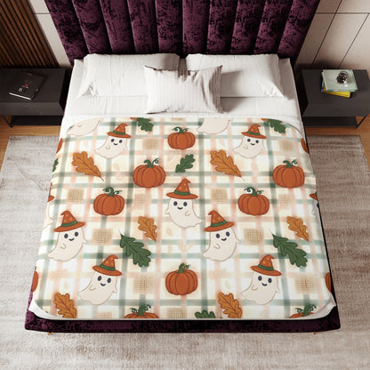 Cute Ghosts and Pumpkins Sherpa Blanket | Halloween Plaid Fall Cozy Throw
