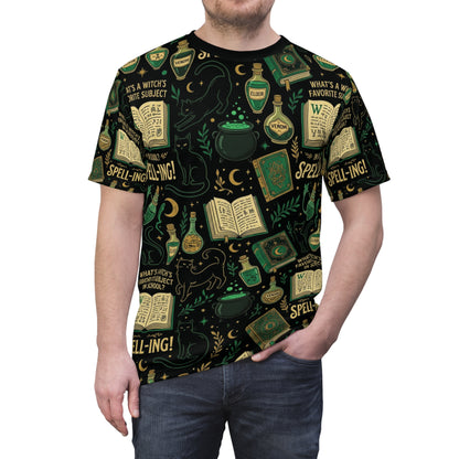 Witchy Spellbook Pattern Tee — Magic Potion Cauldron All-Over Print