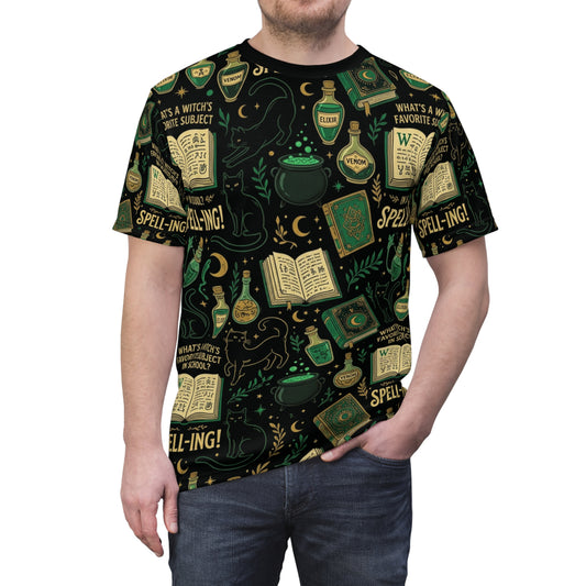 Witchy Spellbook Pattern Tee — Magic Potion Cauldron All-Over Print