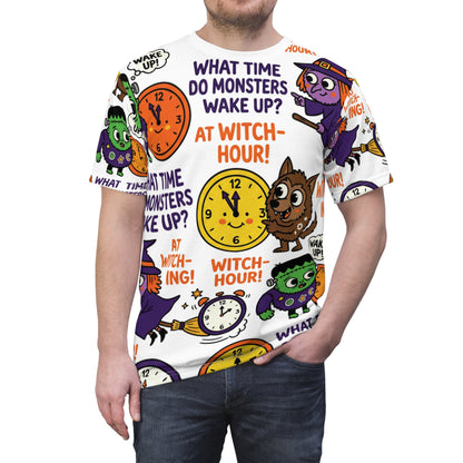 Kids' Halloween All-Over Print Tee — "What Time Do Monsters Wake Up?" Witch Hour Cartoon Design