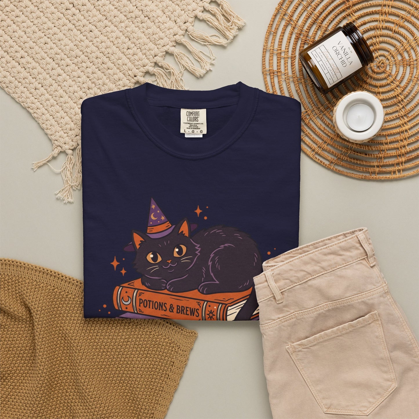 Witchy Cat on Spellbooks T-Shirt – Cute Black Cat Witchy Graphic Tee