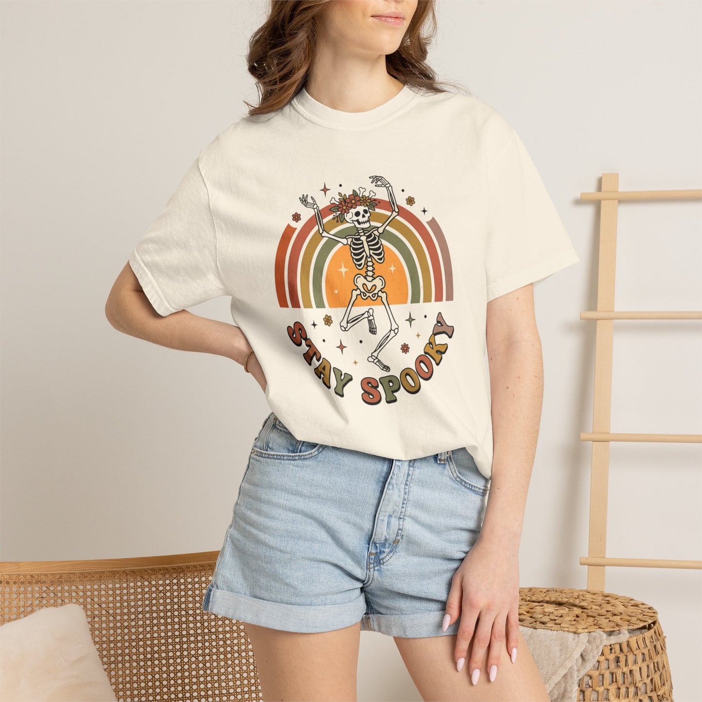 Stay Spooky Dancing Skeleton T-Shirt | Retro Rainbow Halloween Tee