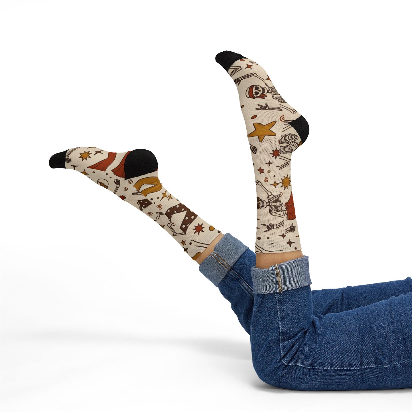 Vintage Space Astronaut Pattern Socks | Retro Stars Planet Crew Socks
