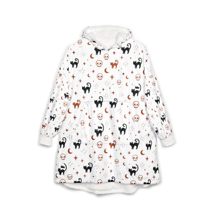 Black Cat & Moon Pattern Hooded Blanket | Halloween Cozy Wearable Blanket