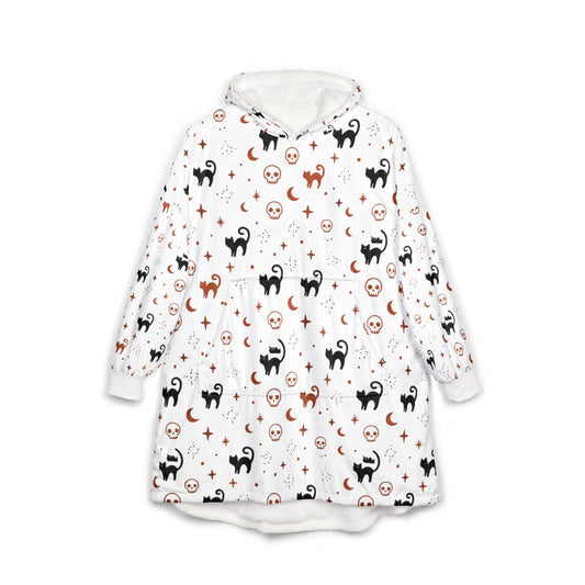 Black Cat & Moon Pattern Hooded Blanket | Halloween Cozy Wearable Blanket