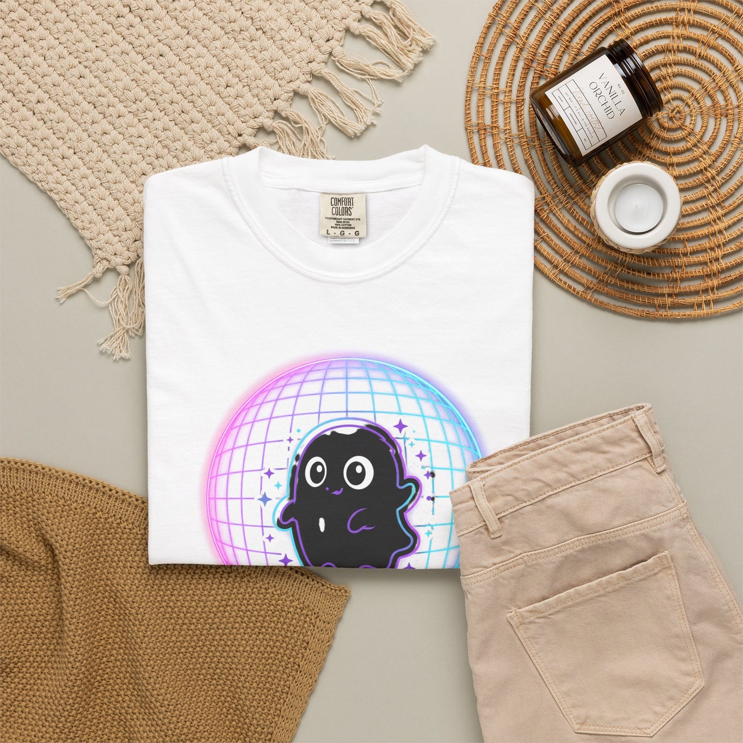 Cute Ghost in Neon Grid T-shirt | Retro Vaporwave Spirit Tee