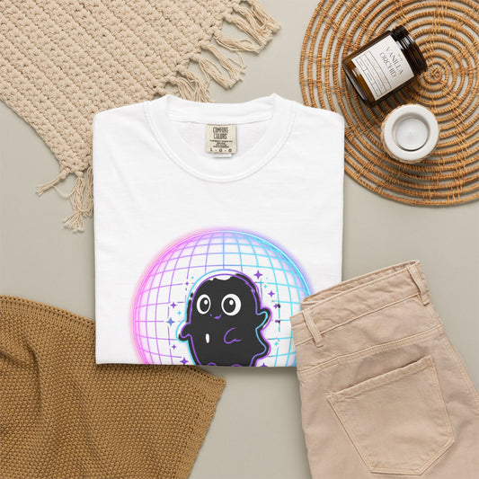 Cute Ghost in Neon Grid T-shirt | Retro Vaporwave Spirit Tee